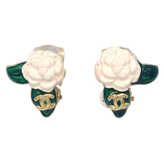 Chanel Gold White Camellia Earrings Clip-On 04A