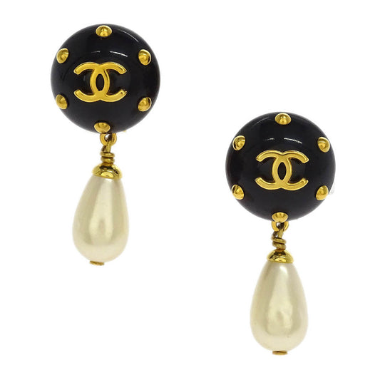 Chanel Costume Pearl Dangle Earrings Clip-On Gold Black 96C