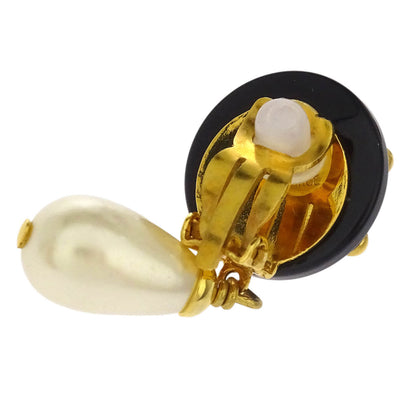 Chanel Costume Pearl Dangle Earrings Clip-On Gold Black 96C
