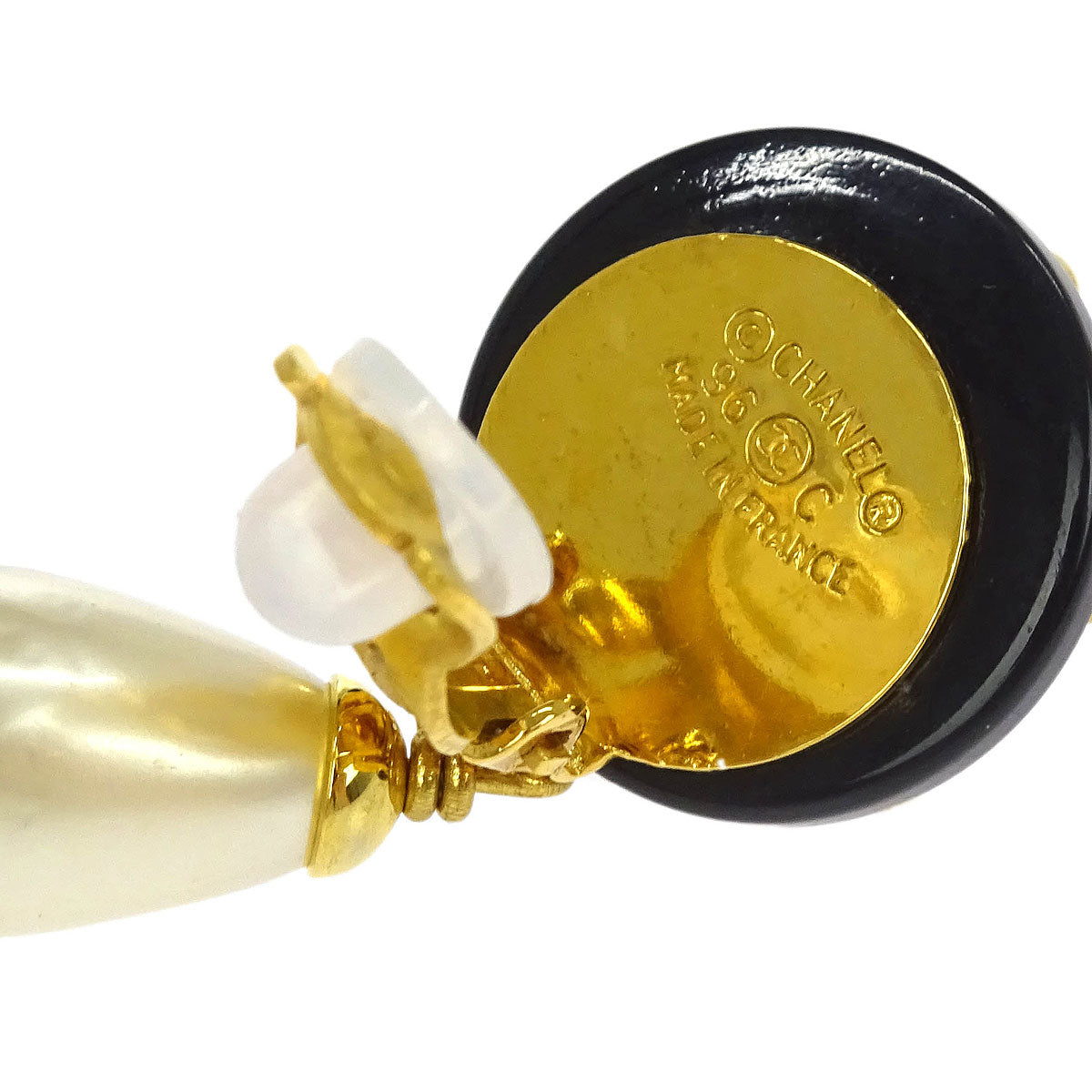 Chanel Costume Pearl Dangle Earrings Clip-On Gold Black 96C