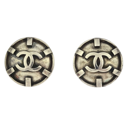 Chanel Button Earrings Clip-On Silver 96P