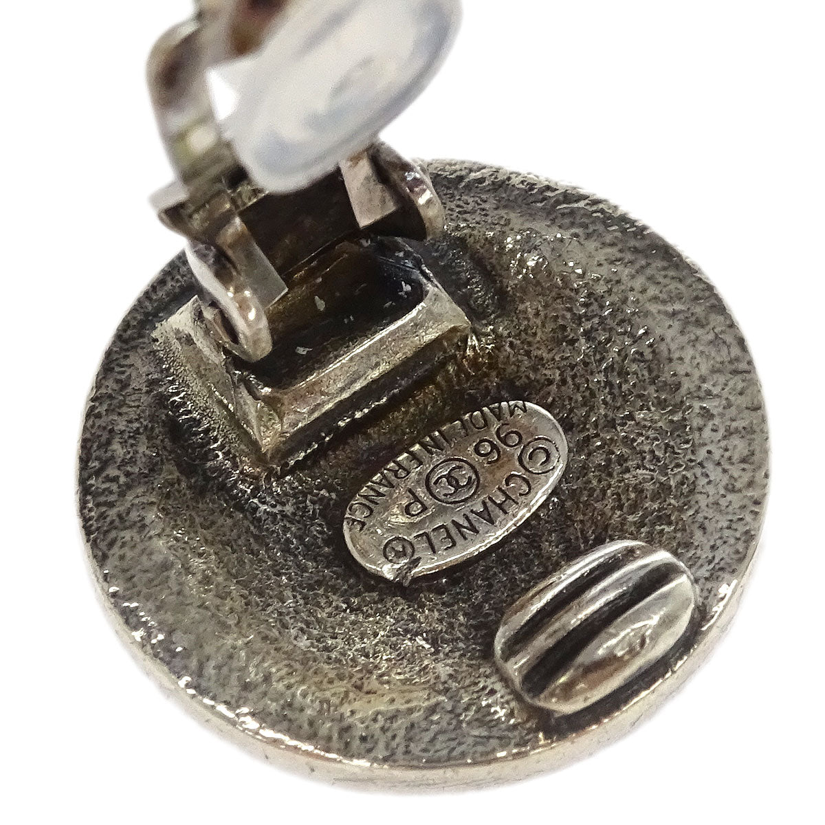 Chanel Button Earrings Clip-On Silver 96P