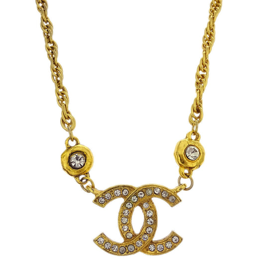 Chanel CC Chain Pendant Necklace Rhinestone Gold