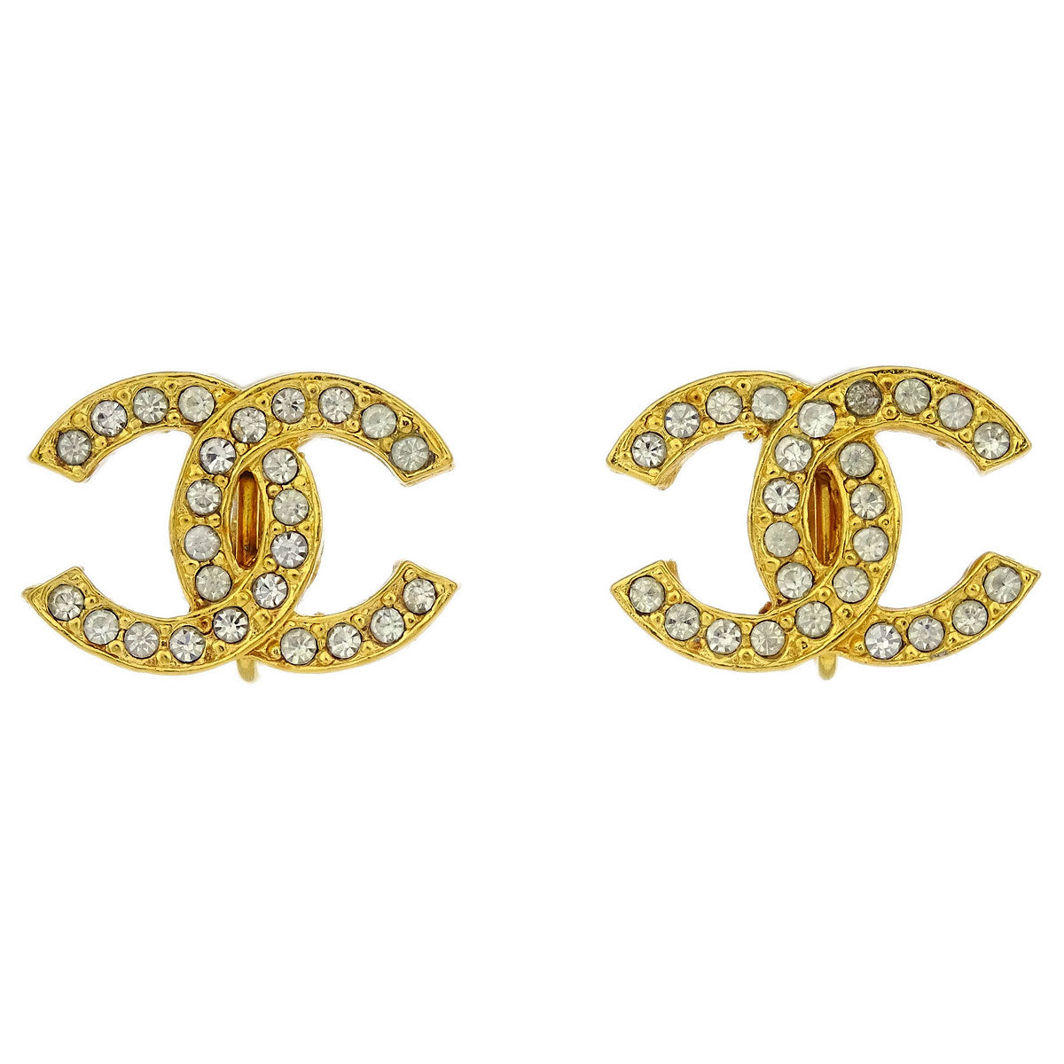 Chanel Gold CC Earrings Clip-On Rhinestone 2084