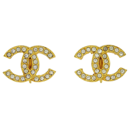 Chanel Gold CC Earrings Clip-On Rhinestone 2084