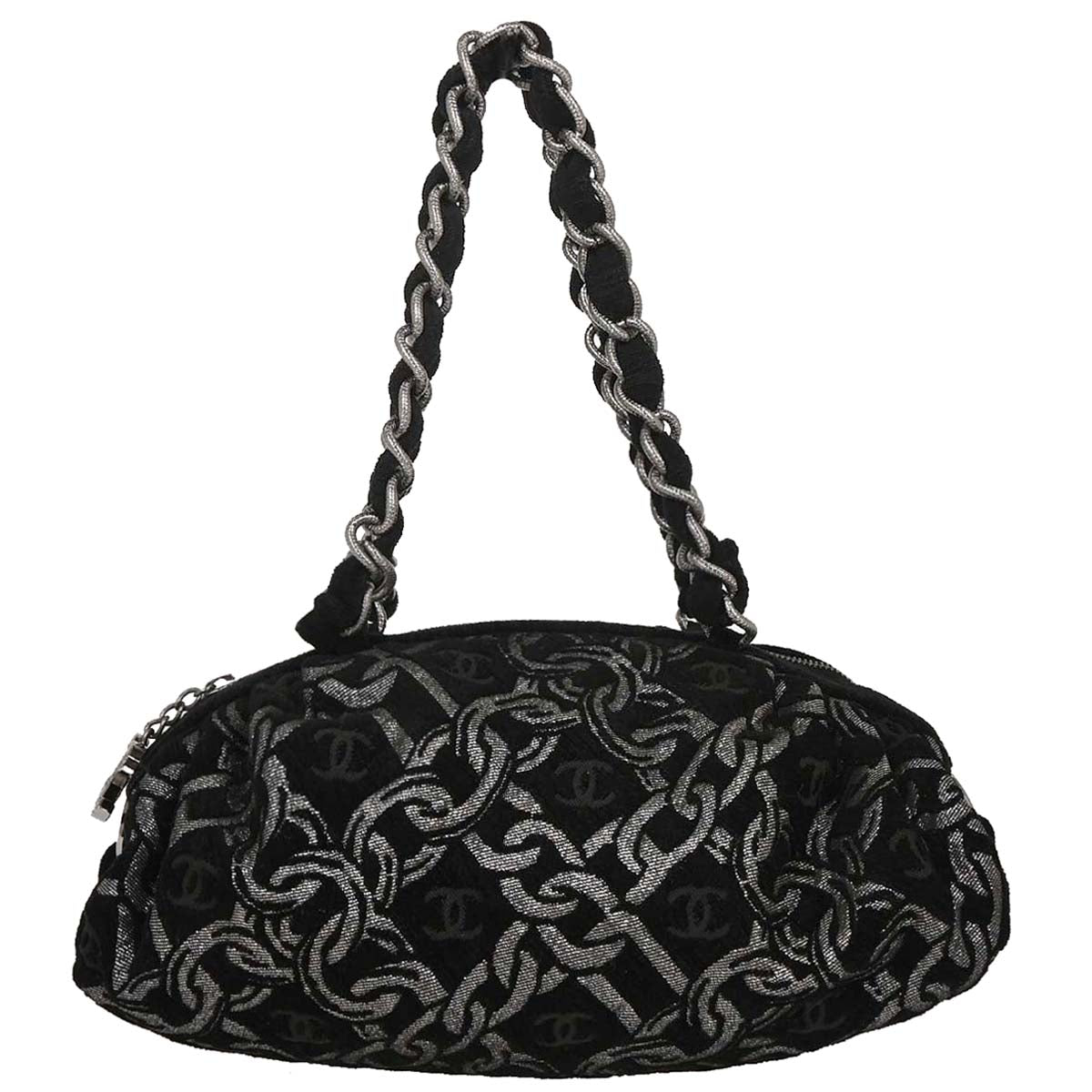 Chanel 2005-2006 Black Silver Cotton Jacquard Chain Handbag