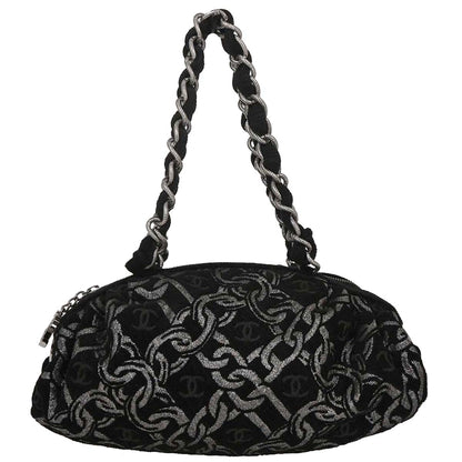 Chanel 2005-2006 Black Silver Cotton Jacquard Chain Handbag