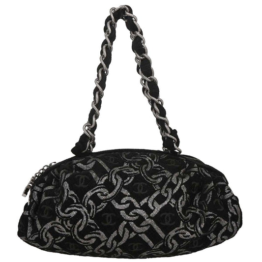 Chanel 2005-2006 Black Silver Cotton Jacquard Chain Handbag