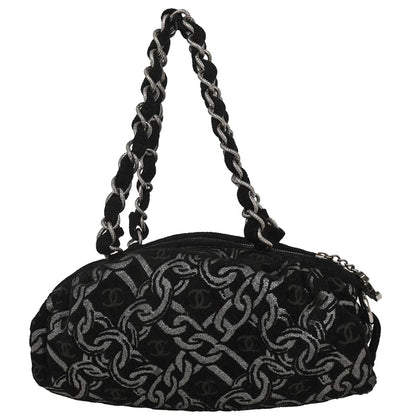 Chanel 2005-2006 Black Silver Cotton Jacquard Chain Handbag