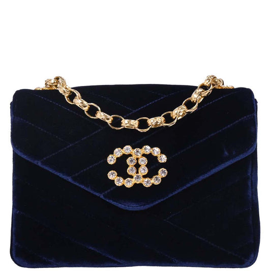 Chanel 1991-1994 Navy Velvet Rhinestone Shoulder Bag