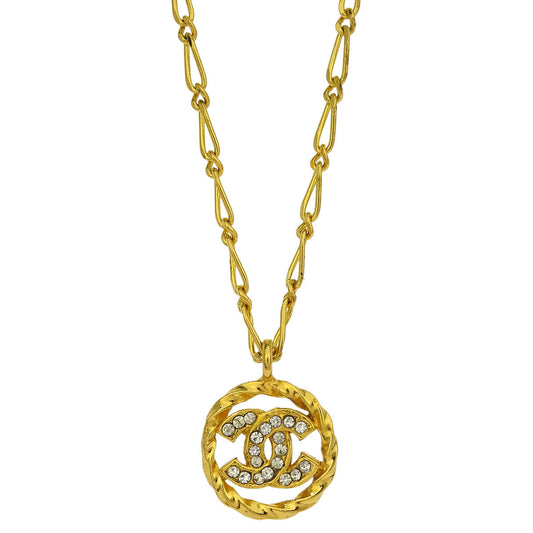 Chanel Medallion Pendant Necklace Rhinestone Gold 3438/1982