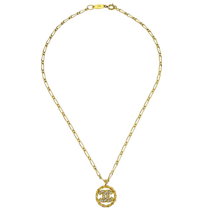 Chanel Medallion Pendant Necklace Rhinestone Gold 3438/1982