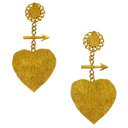 Chanel Dangle Heart Arrow Earrings Gold Clip-On 93P