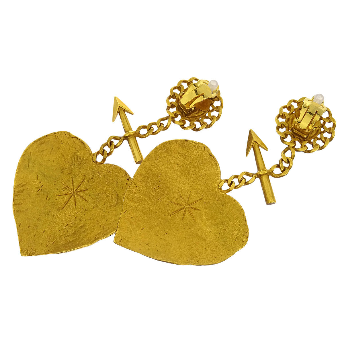 Chanel Dangle Heart Arrow Earrings Gold Clip-On 93P