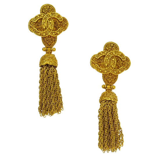Chanel Fringe Dangle Earrings Clip-On Gold 94A