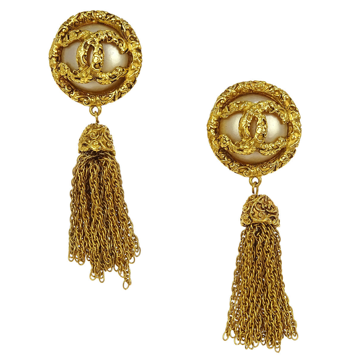Chanel Costume Pearl Fringe Dangle Earrings Clip-On Gold 93A