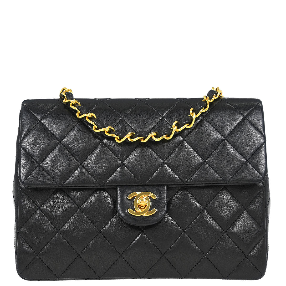 Chanel 1989-1991 Black Lambskin Classic Square Flap Shoulder Bag