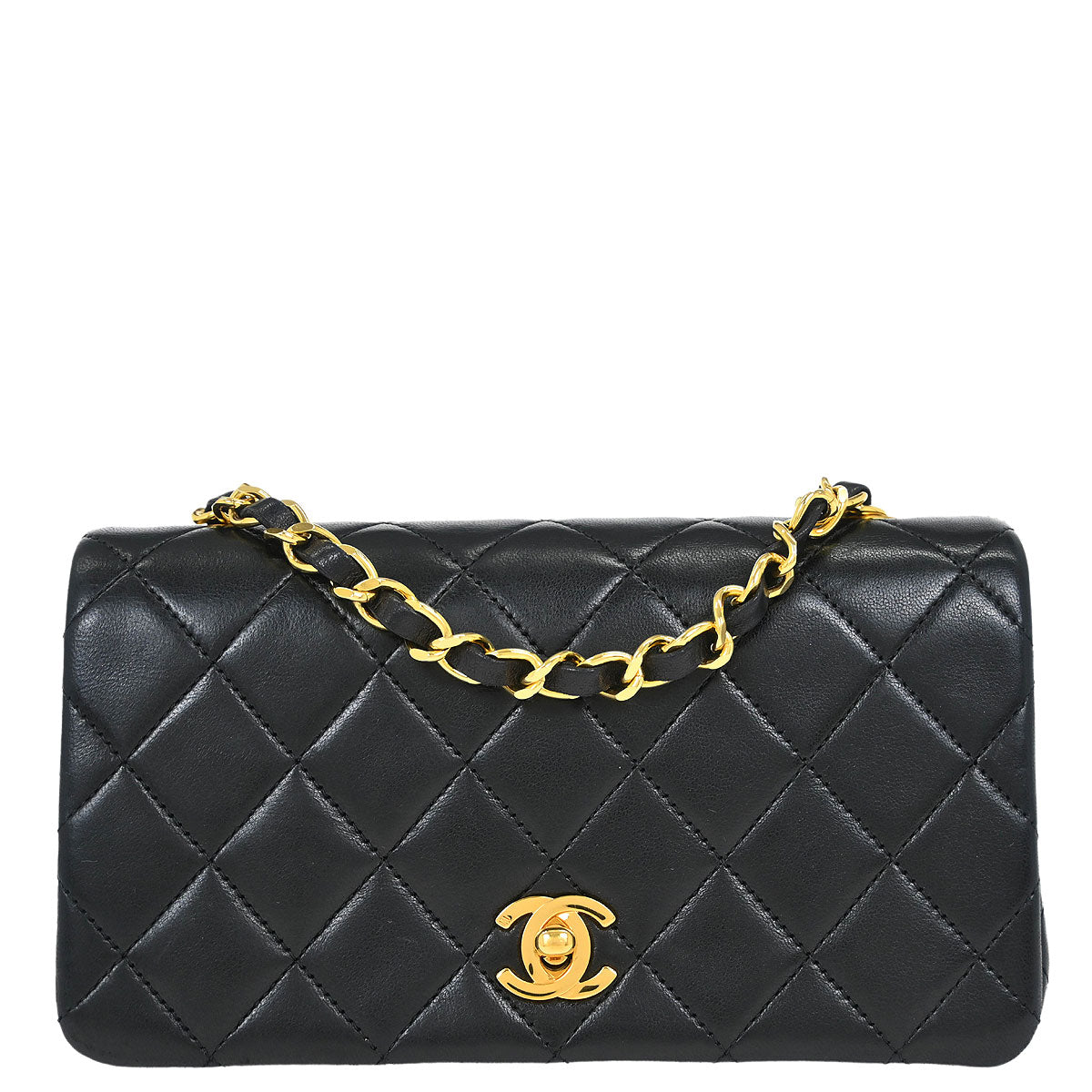 Chanel 1989-1991 Black Lambskin Turnlock Mini Full Flap Shoulder Bag