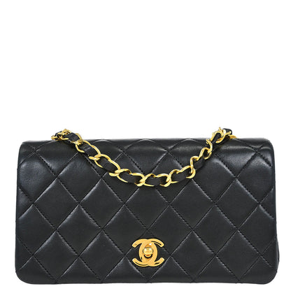 Chanel 1989-1991 Black Lambskin Turnlock Mini Full Flap Shoulder Bag