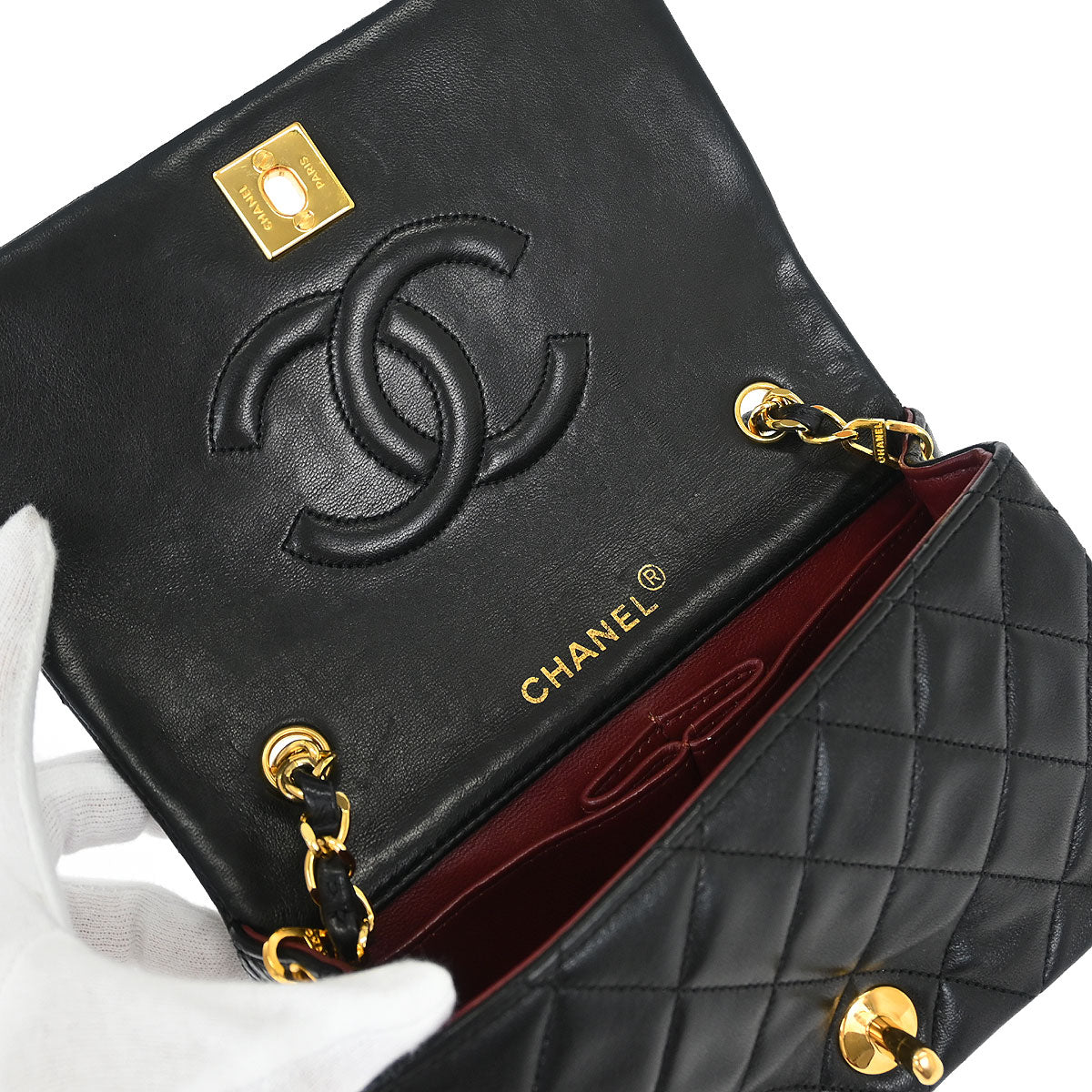 Chanel 1989-1991 Black Lambskin Turnlock Mini Full Flap Shoulder Bag