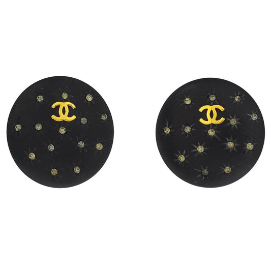 Chanel Button Earrings Clip-On Rhinestone Black 26