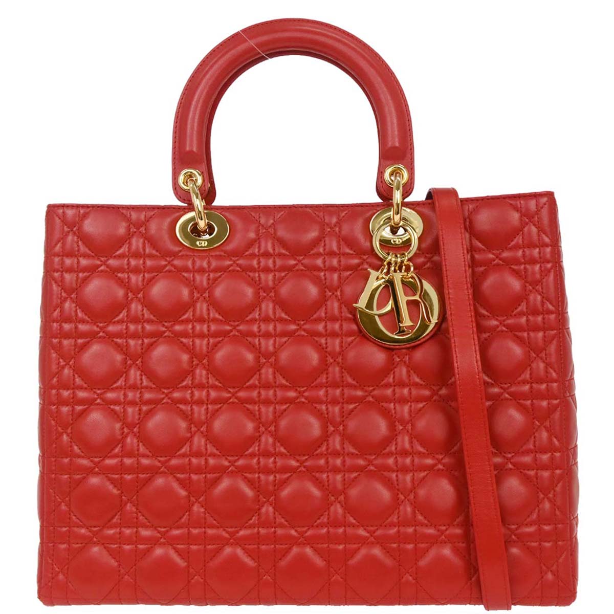 Christian Dior Red Lambskin Large Lady Dior 2way Shoulder Handbag