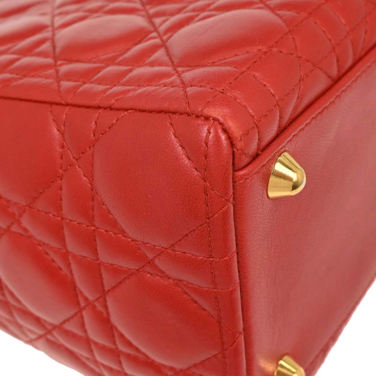 Christian Dior Red Lambskin Large Lady Dior 2way Shoulder Handbag
