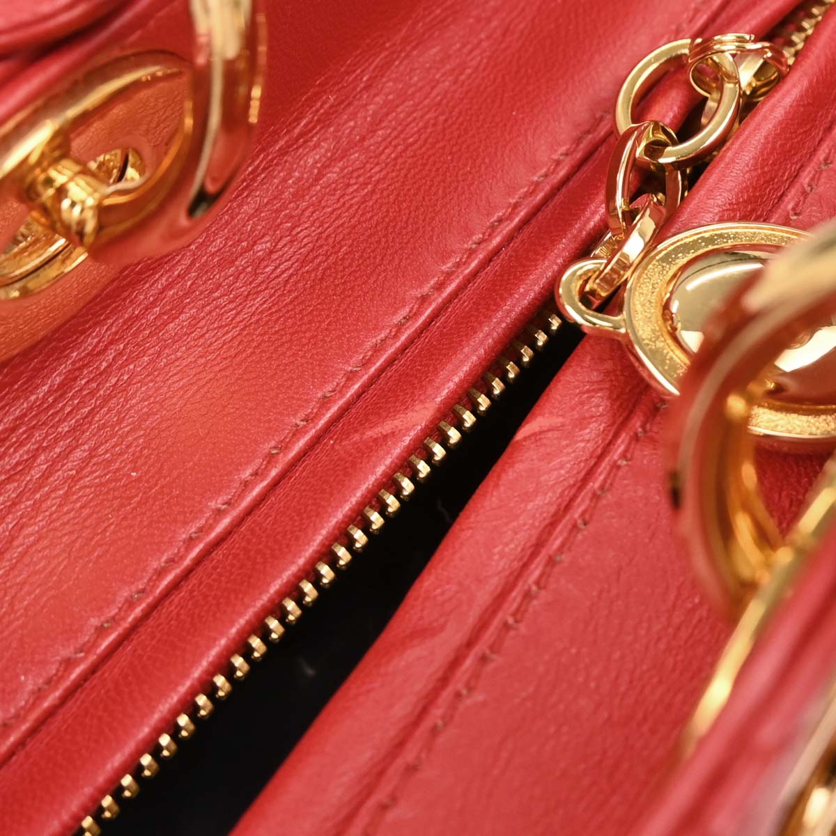 Christian Dior Red Lambskin Large Lady Dior 2way Shoulder Handbag