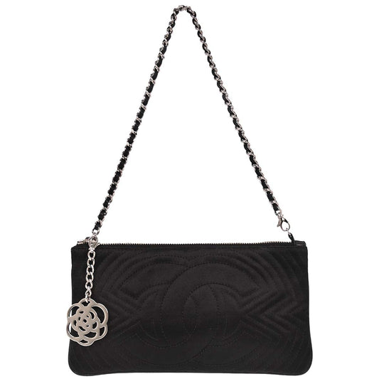 Chanel 2004-2005 Black Satin Camellia Charm Chain Handbag