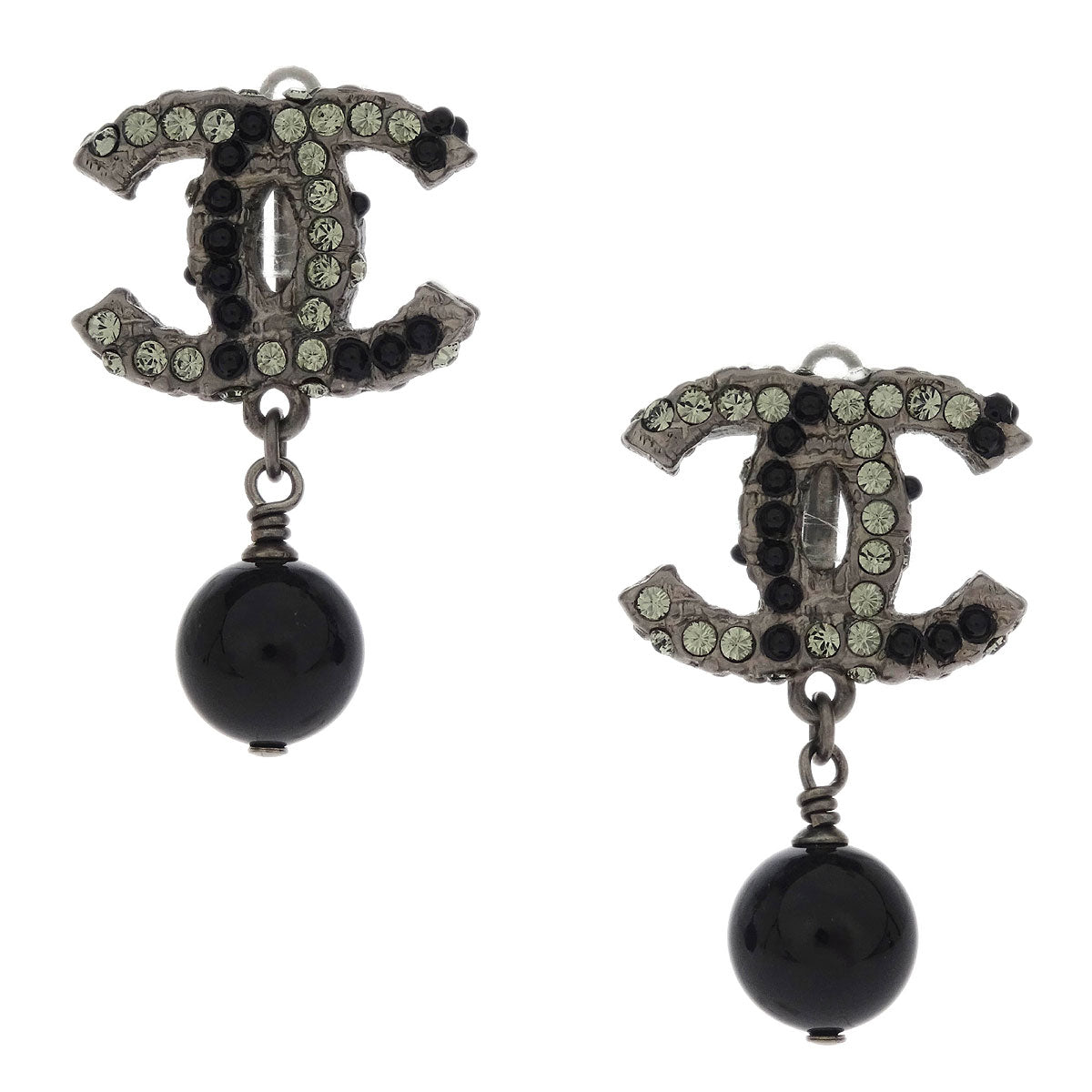Chanel CC Earrings Clip-On Dangle Silver Rhinestone 10A