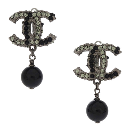 Chanel CC Earrings Clip-On Dangle Silver Rhinestone 10A