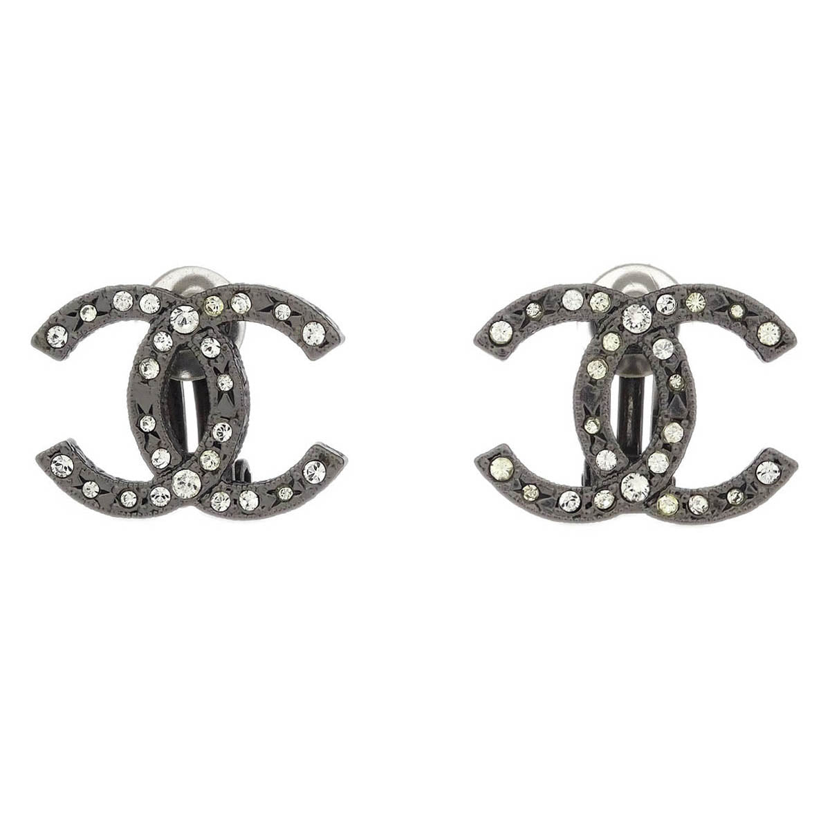 Chanel CC Earrings Clip-On Silver Rhinestone 13K