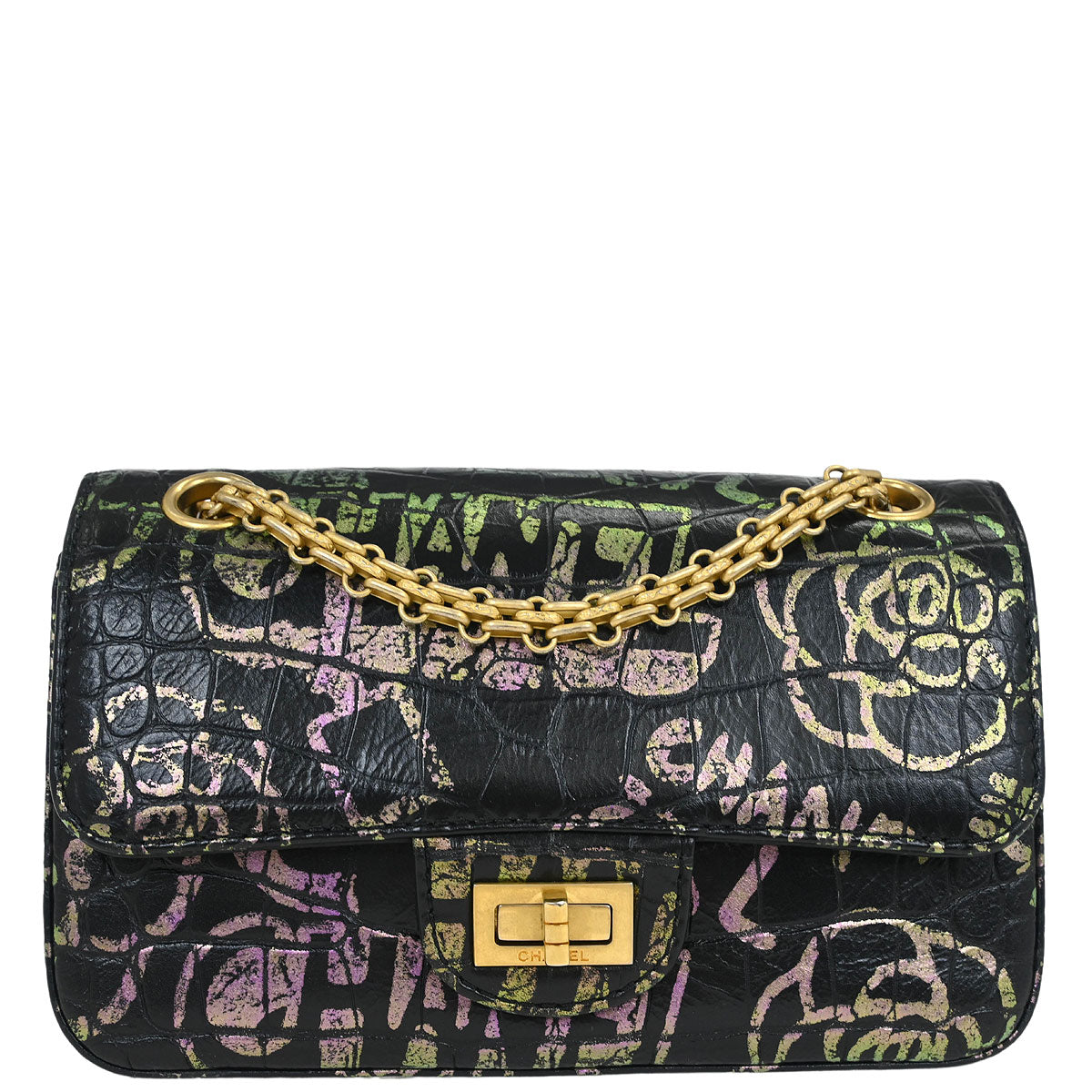 Chanel 2019 Black Embossed Leather Mademoiselle Lock Graffiti Shoulder Bag