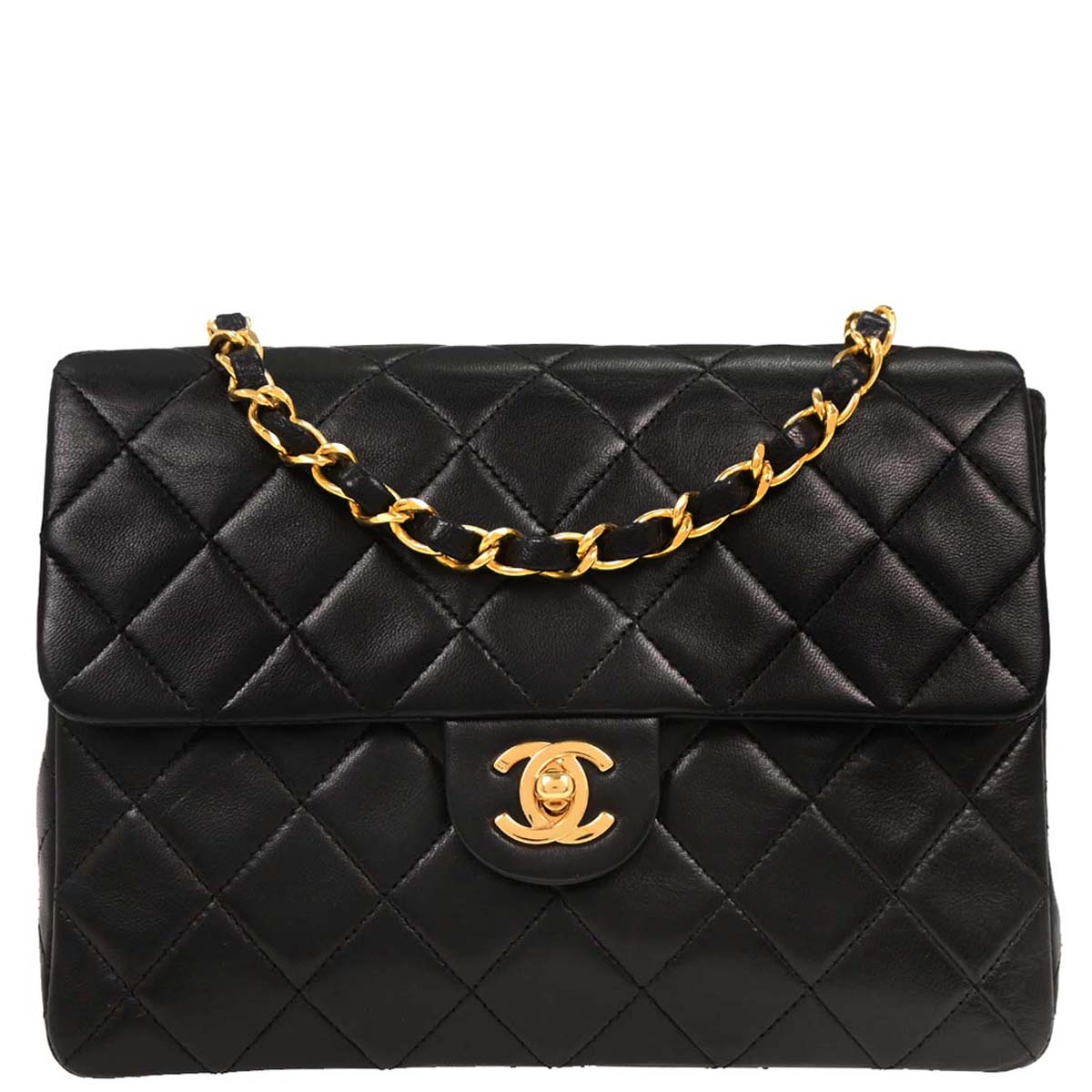 Chanel 1989-1991 Black Lambskin Classic Square Flap Shoulder Bag 20