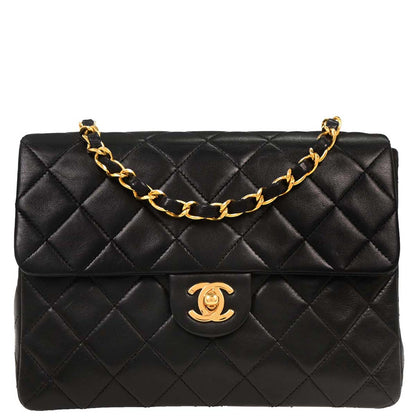Chanel 1989-1991 Black Lambskin Classic Square Flap Shoulder Bag 20