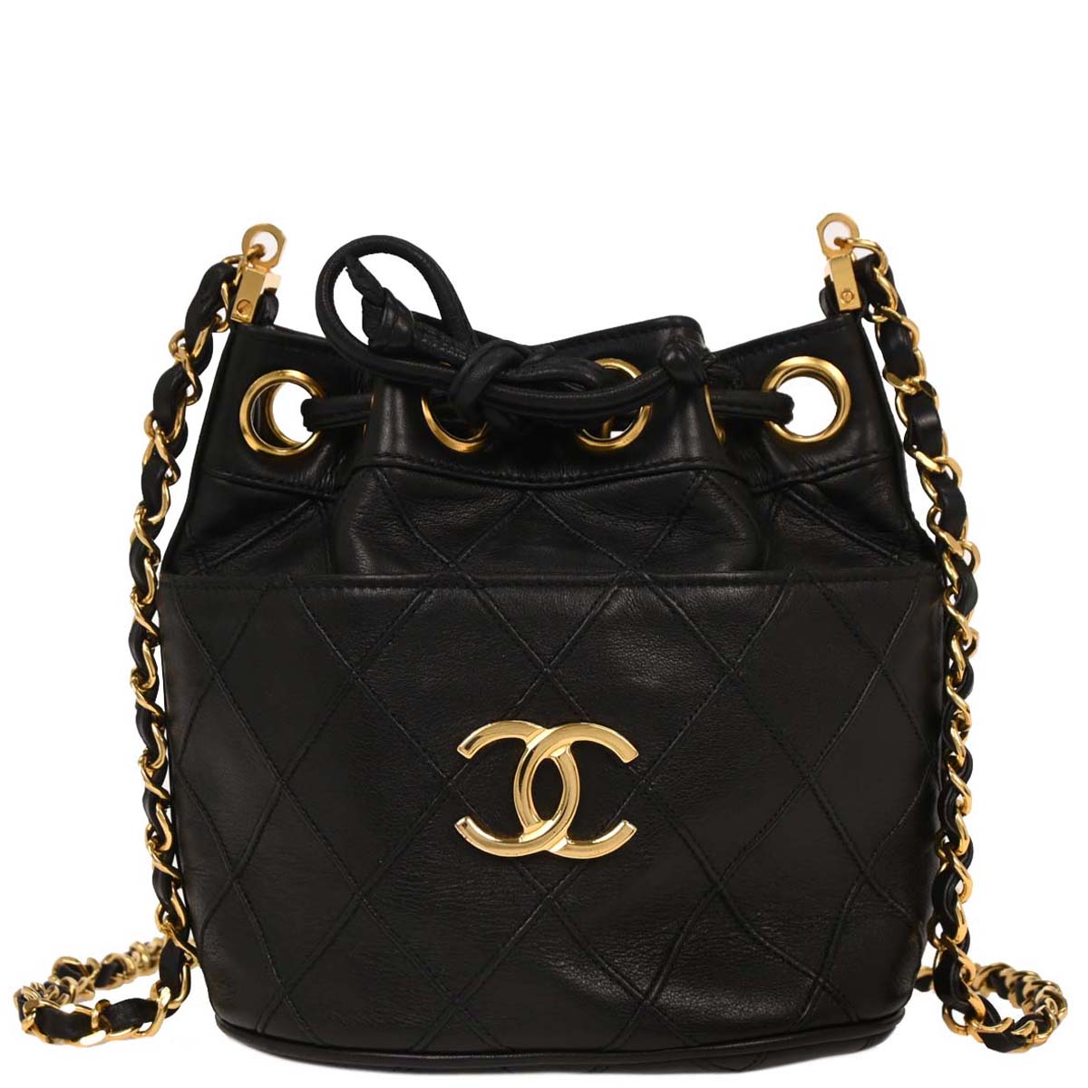 Chanel 1986-1988 Black Lambskin Bicolore Bucket Shoulder Bag