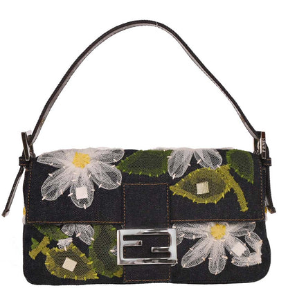 Fendi Navy Denim Floral Baguette Handbag