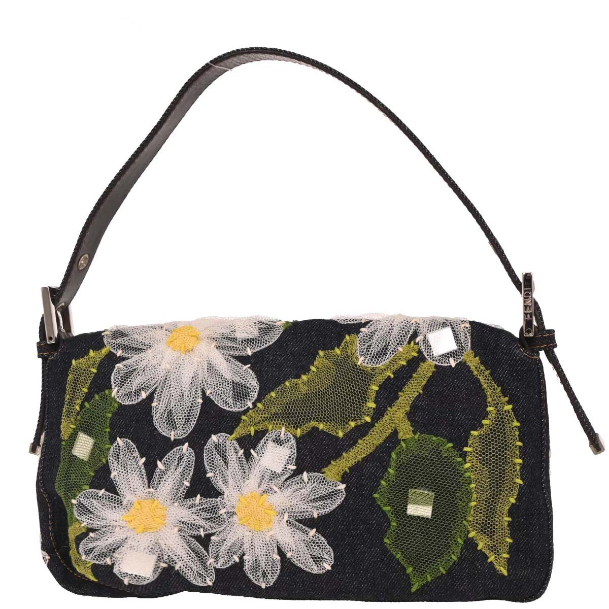 Fendi Navy Denim Floral Baguette Handbag
