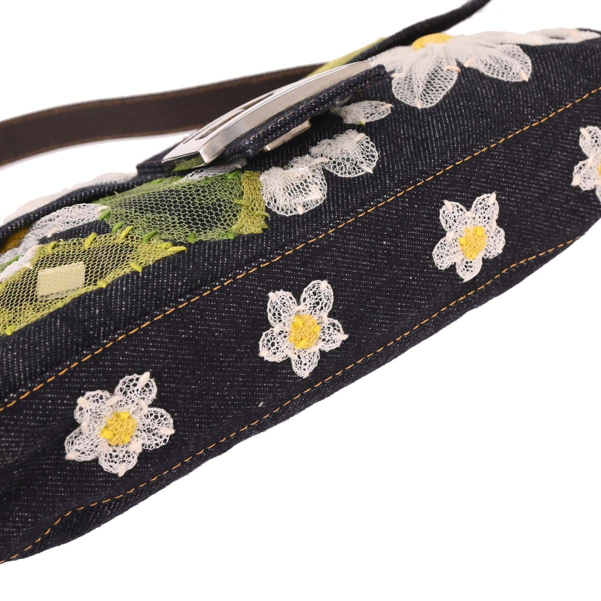 Fendi Navy Denim Floral Baguette Handbag