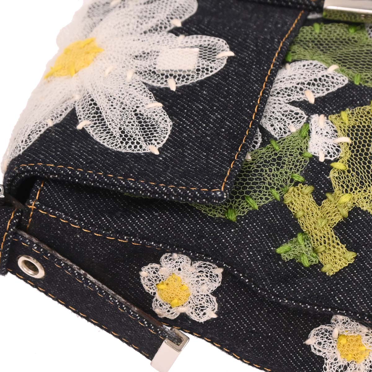 Fendi Navy Denim Floral Baguette Handbag