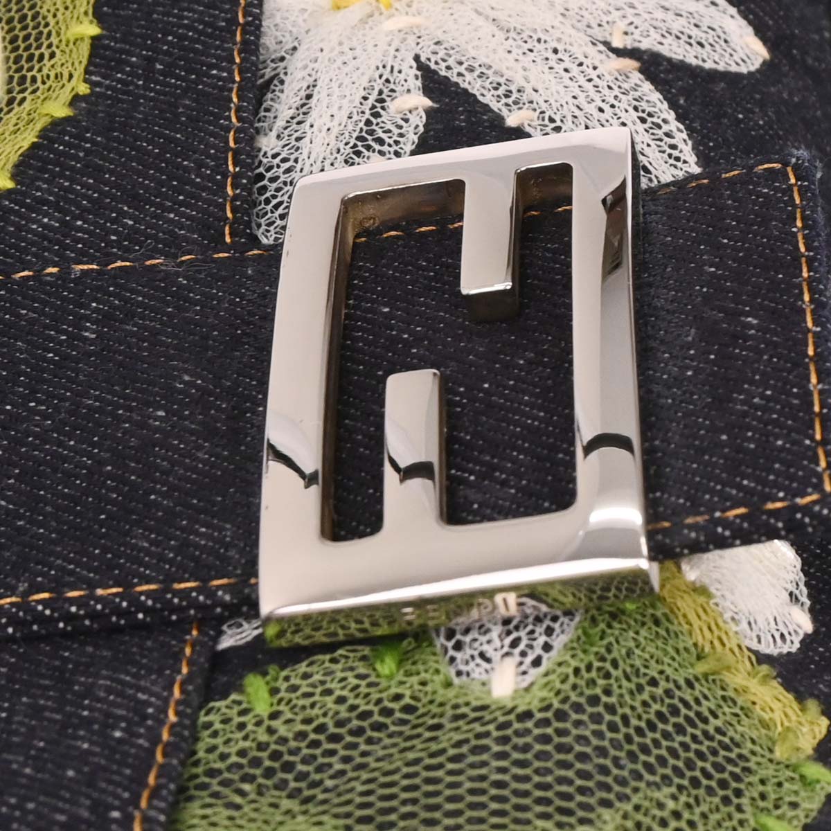 Fendi Navy Denim Floral Baguette Handbag