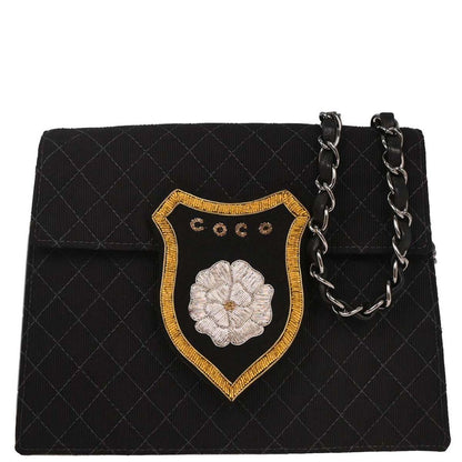 Chanel 2004-2005 Black Canvas Emblem Shoulder Bag