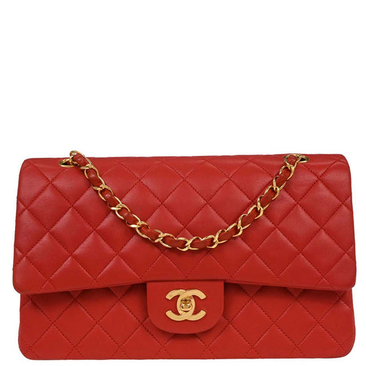 Chanel 1991-1994 Red Lambskin Medium Classic Double Flap Shoulder Bag