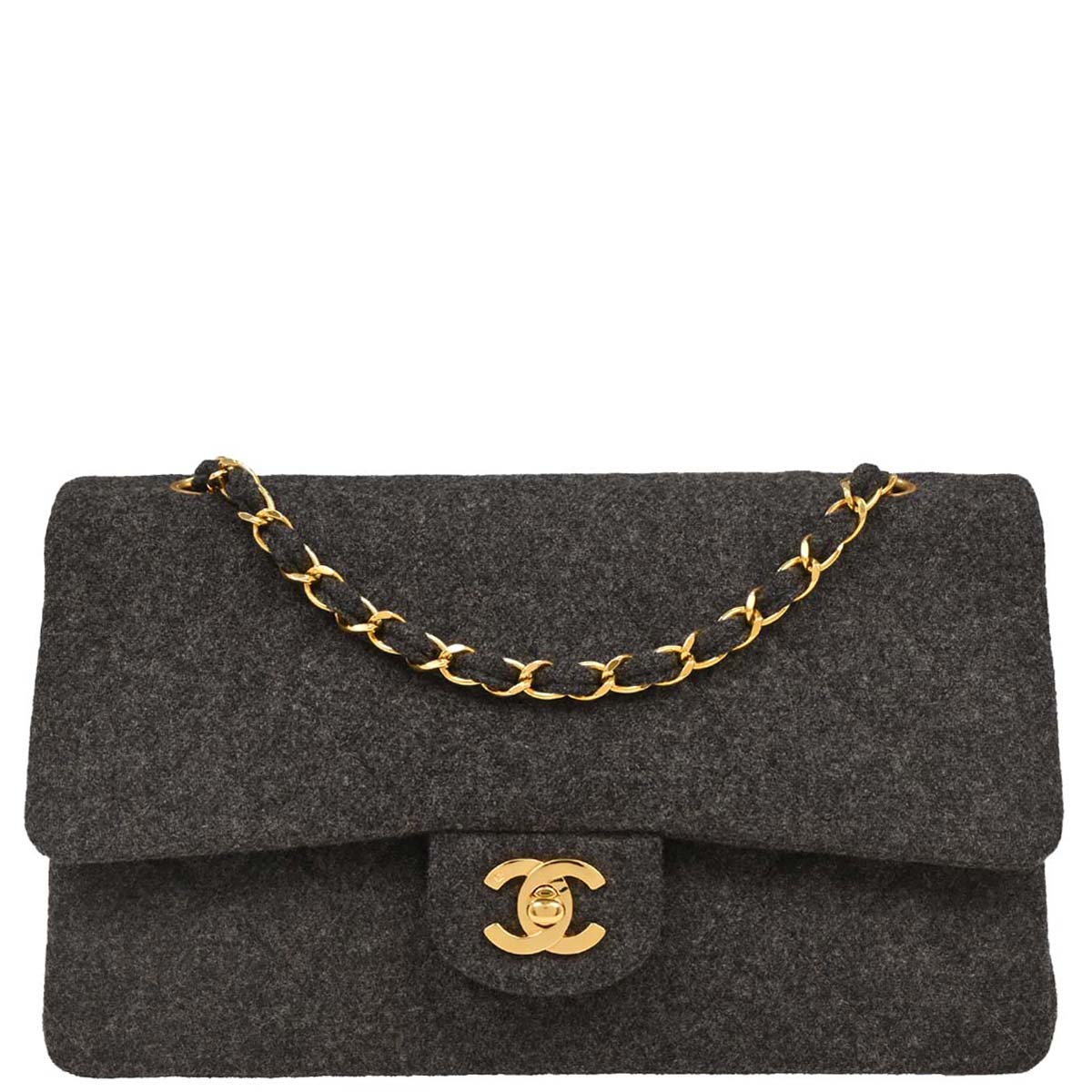 Chanel 1989-1991 Gray Wool Medium Classic Double Flap Shoulder Bag