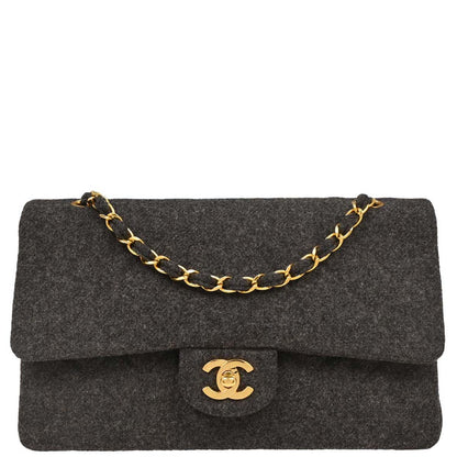 Chanel 1989-1991 Gray Wool Medium Classic Double Flap Shoulder Bag