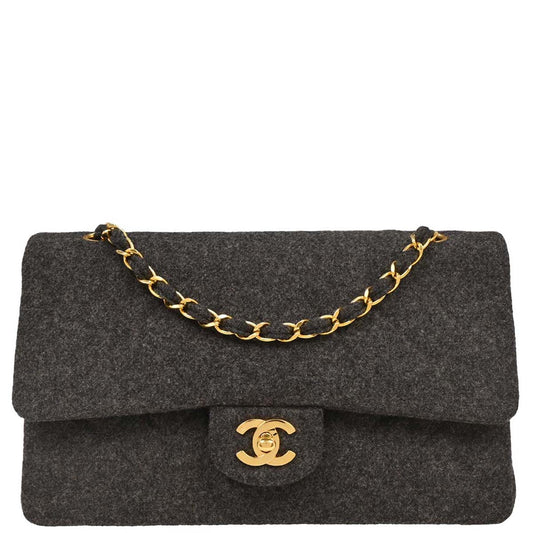 Chanel 1989-1991 Gray Wool Medium Classic Double Flap Shoulder Bag
