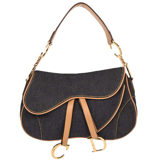 Christian Dior 2002 Navy Denim Double Saddle Handbag