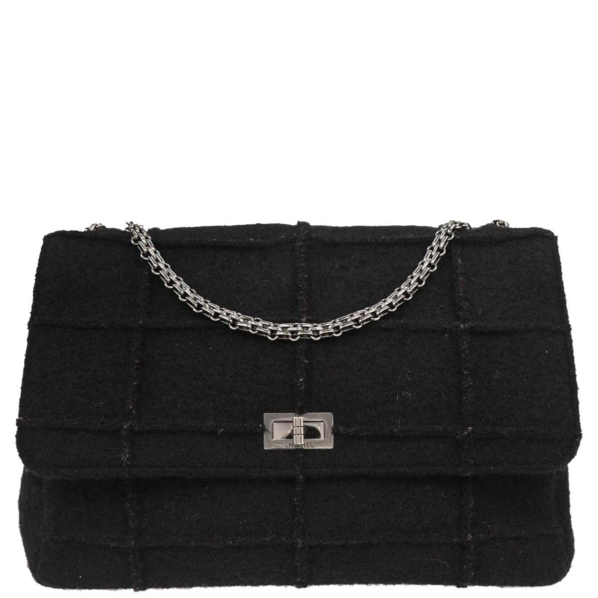 Chanel 1997-1999 Black Wool 2.55 Choco Bar Shoulder Bag