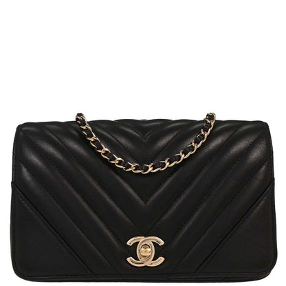 Chanel 2019 Black Lambskin Turnlock Mini Full Flap Chevron Shoulder Bag