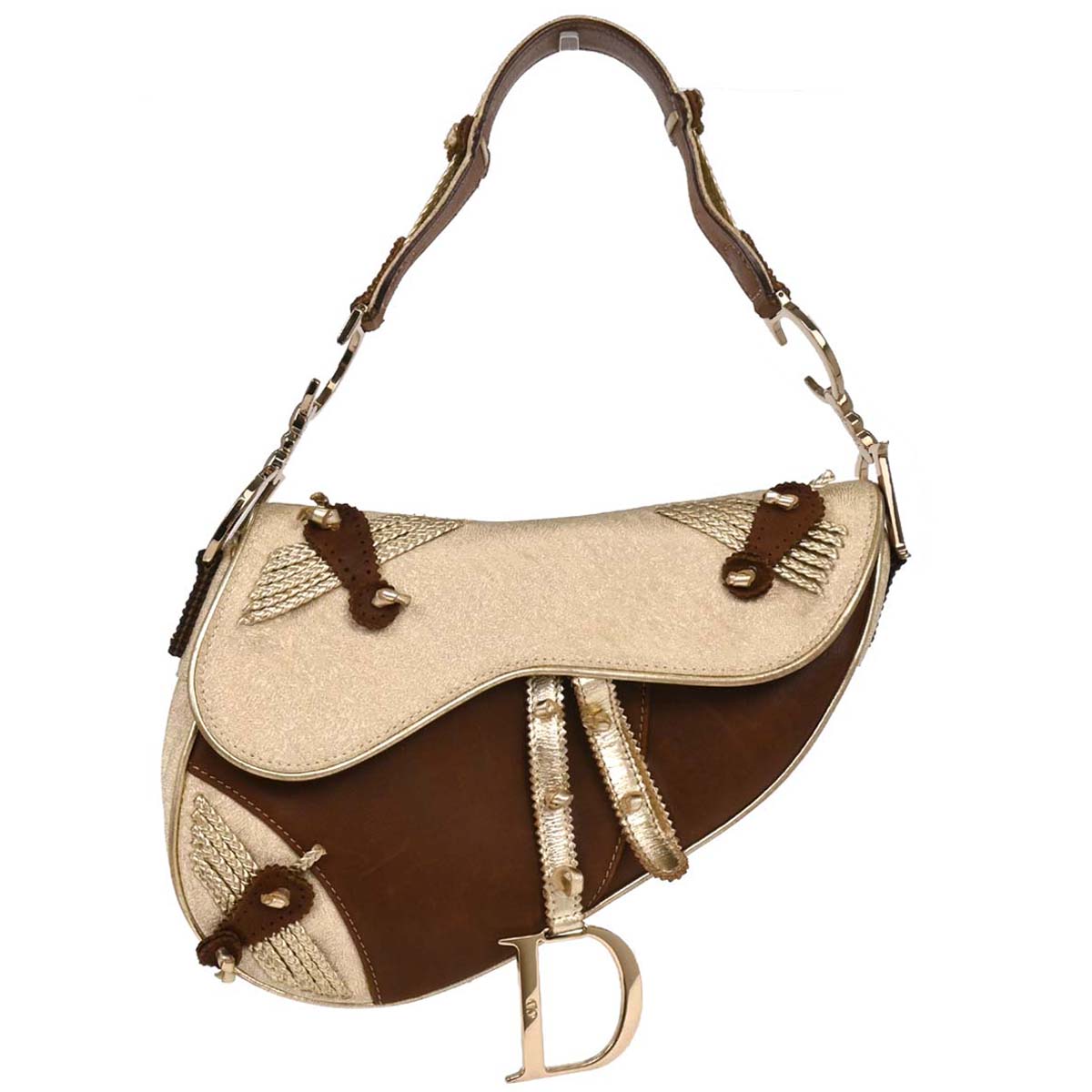 Christian Dior 2003 Gold Leather Canvas Saddle Handbag